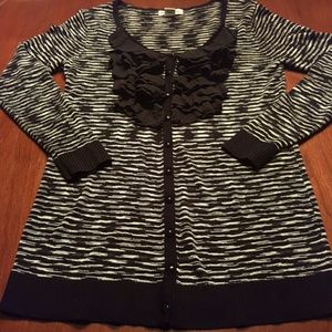 Kensie Ruffle Front Cardigan, black & white stripe