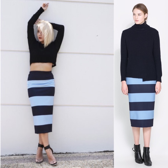 Zara Dresses & Skirts - Blue Stripe Neoprene Pencil Skirt