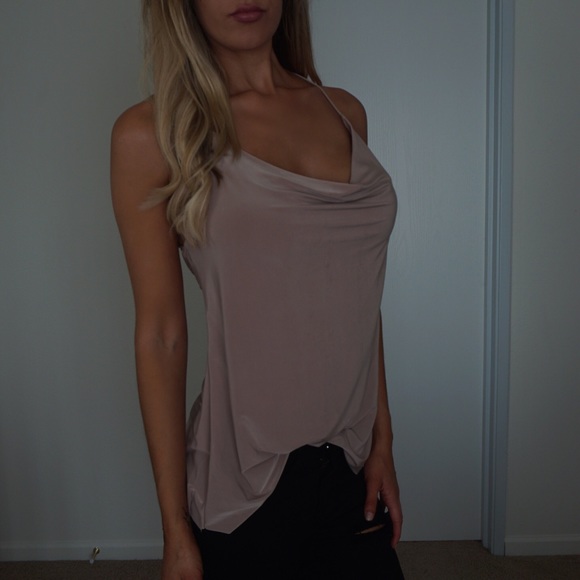 -Last Two-Silky Taupe Drape Blouse- - Picture 2 of 4