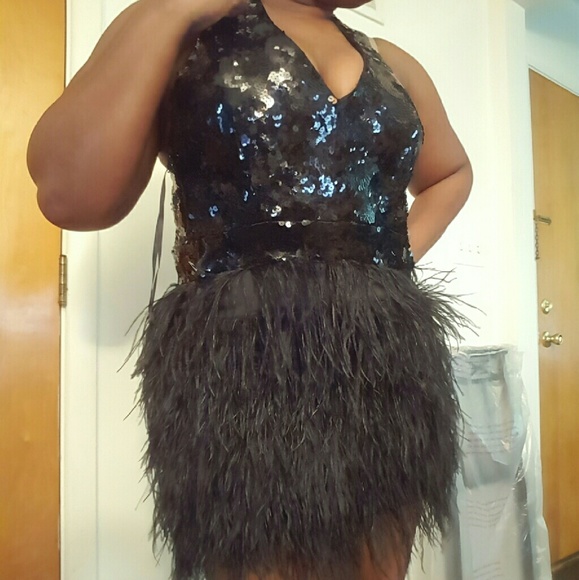 Black sequin and feather cocktail dress