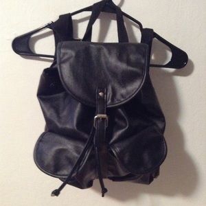 Black Fake Leather Mini Backpack