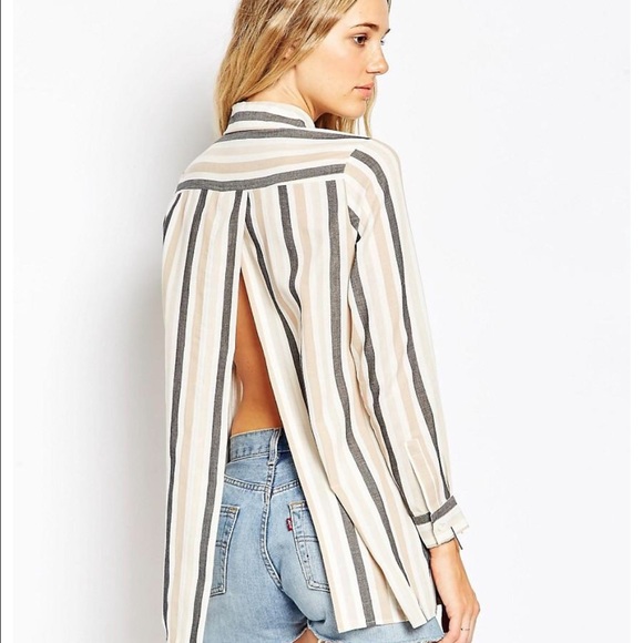 ASOS Open Back Shirt in Black & Camel stripe