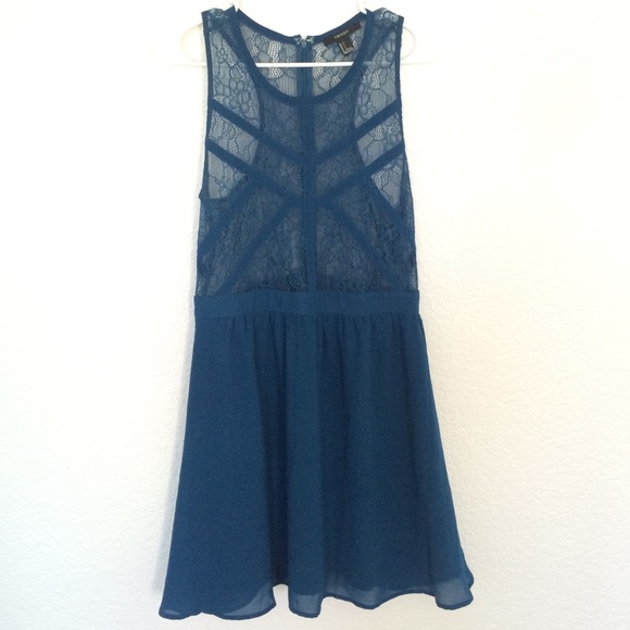 Dark blue teal fit and flare dress