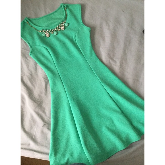 Teal Fit and Flare Dress with Necklace