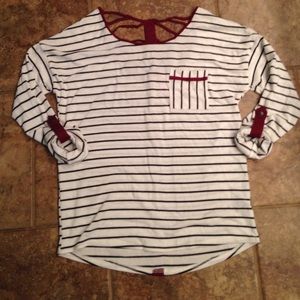 Maroon, black, and white striped top!