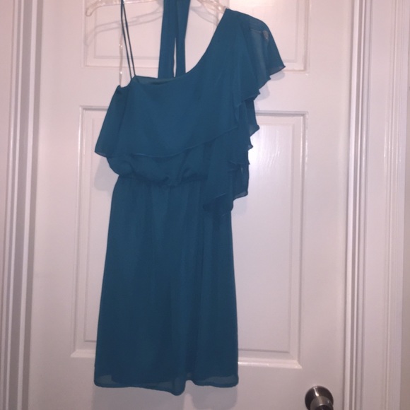 Teal, one shoulder chiffon dress