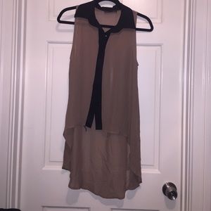 Brown with black trim, high-low sleeveless top