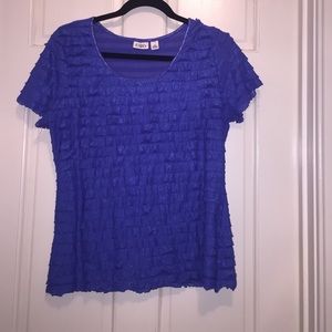 Blue, ruffled blouse
