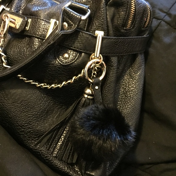 Black Fur Ball Pom Pom Keychain With Leather Strap
