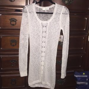 White knit long sleeve mini dress with flowers