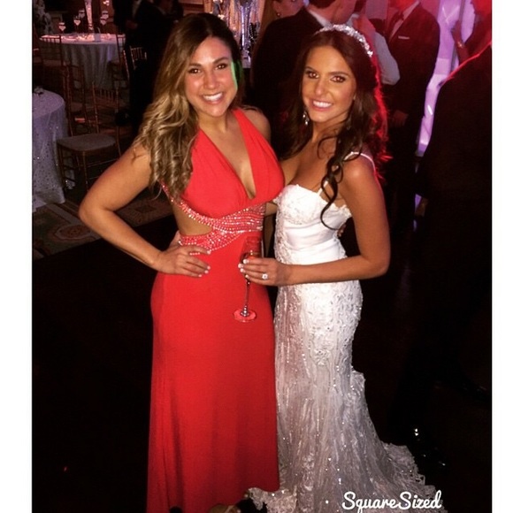 Floor length red gown, open back w/ sequin detail