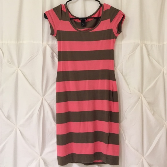 Pink and Grey Striped Basic Tight Dress