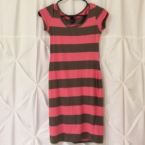 Pink and Grey Striped Basic Tight Dress