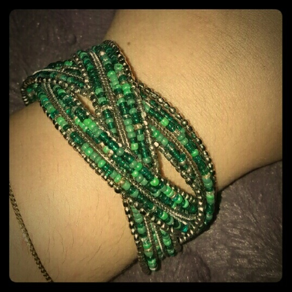 Emerald colored beaded Cuff bracelet