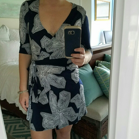 Blue and white wrap dress