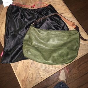 Brand new green and tan leather bag