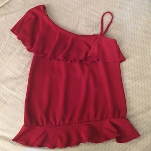 One-shoulder hot pink ruffled top