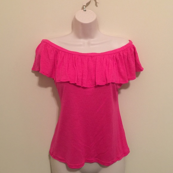 Pink flounce neckline off the shoulder top