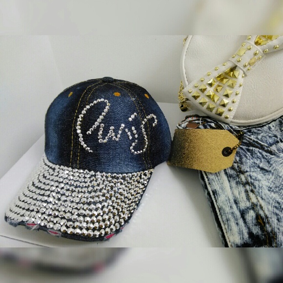 Paris Rhinestone Denim Distressed Baseball Cap