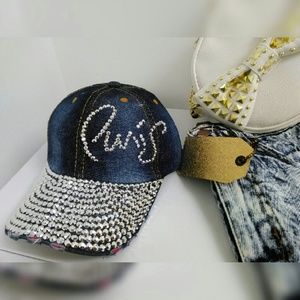Paris Rhinestone Denim Distressed Baseball Cap
