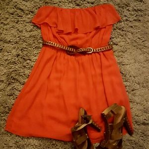 Strapless chiffon ruffle dress.