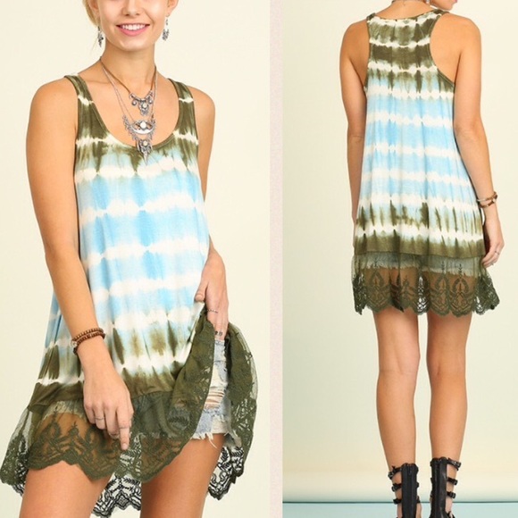 Pink Peplum Boutique Tops - ‼️ LAST ‼️Aqua olive tie dye print lace tunic