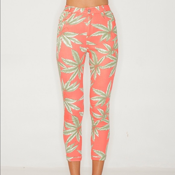 Pink Palm Leaf Skinny Jeans
