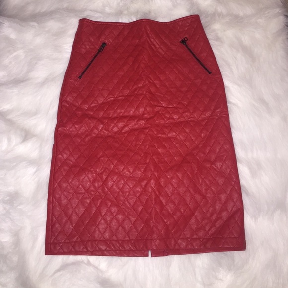 Red leather quilt midi skirt
