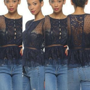 New Navy lace sheer Bell sleeve shirt