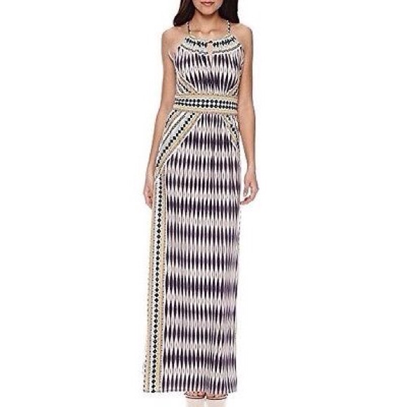 London Times Ikat Diamond Halter Neck Maxi Dress
