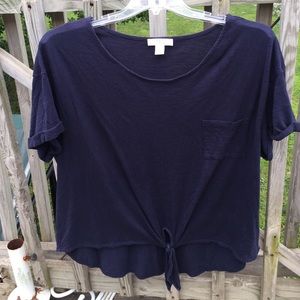 Blue shirt with tie at waist