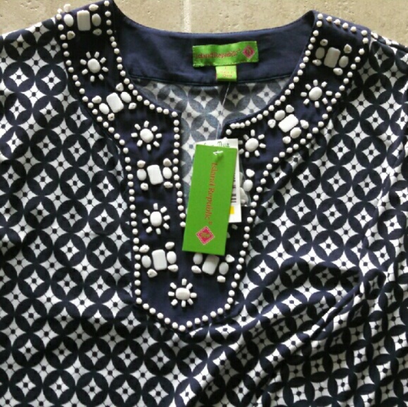 Navy blue tunic, polyester with beading.