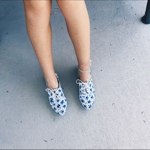 blue and white floral Oxford shoes