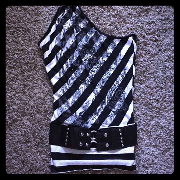 One shoulder tank, black/cream stripe, rhinestones