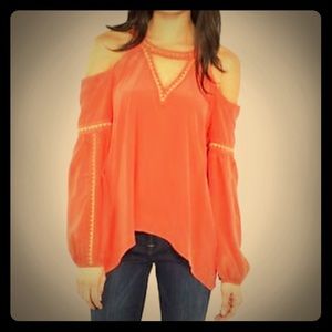 BCBGMAXAZRIA Cut Out Bright Orange Combo V-Neck