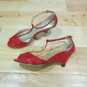 Retro red patent peeptoe t-strap wedges
