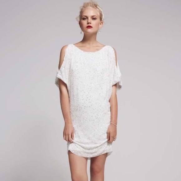 David's Bridal, white, beaded dress