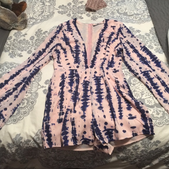Pink and blue tie-dye romper with deep V neckline