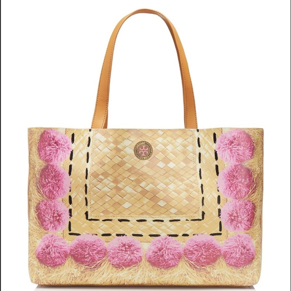 SOLD! Tory Burch Kerrington Tote Raffia Pink Pom