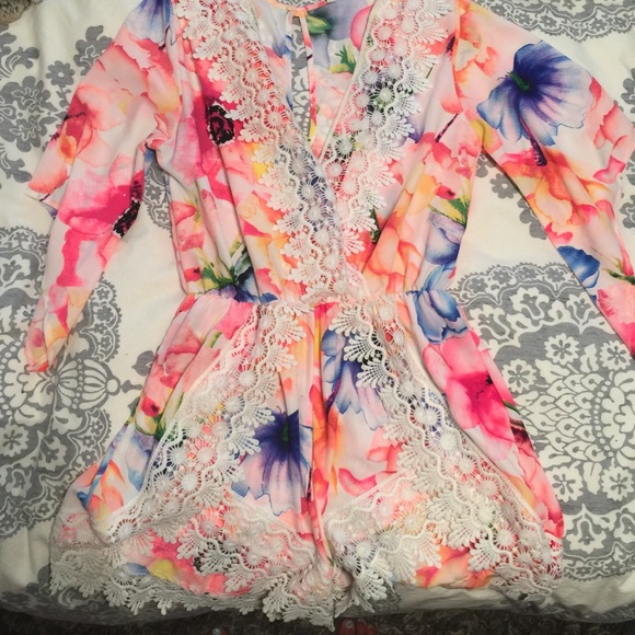 Water color floral print romper with lace accents
