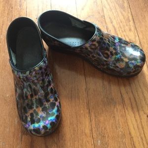 Dansko rainbow leopard print clogs