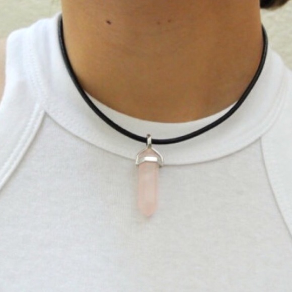 Rose Quartz Crystal Point Pendant Choker Necklace