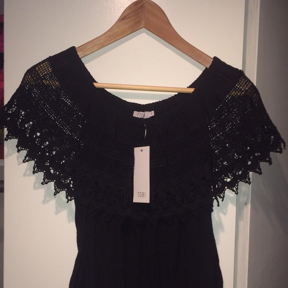 off the shoulder crocheted black Tobi top