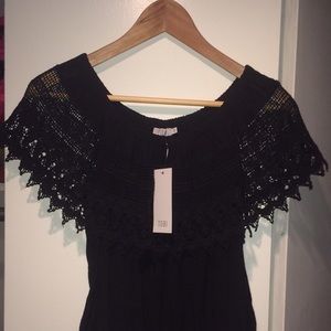 off the shoulder crocheted black Tobi top
