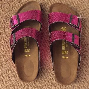 Birkenstock Arizona pink metallic snake sandal