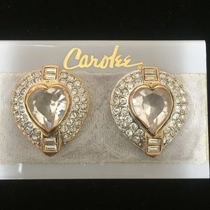 Carolee Gold Tone Crystal Heart  Clip Earrings