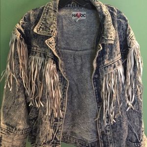 Vintage acid wash denim jacket with fringe