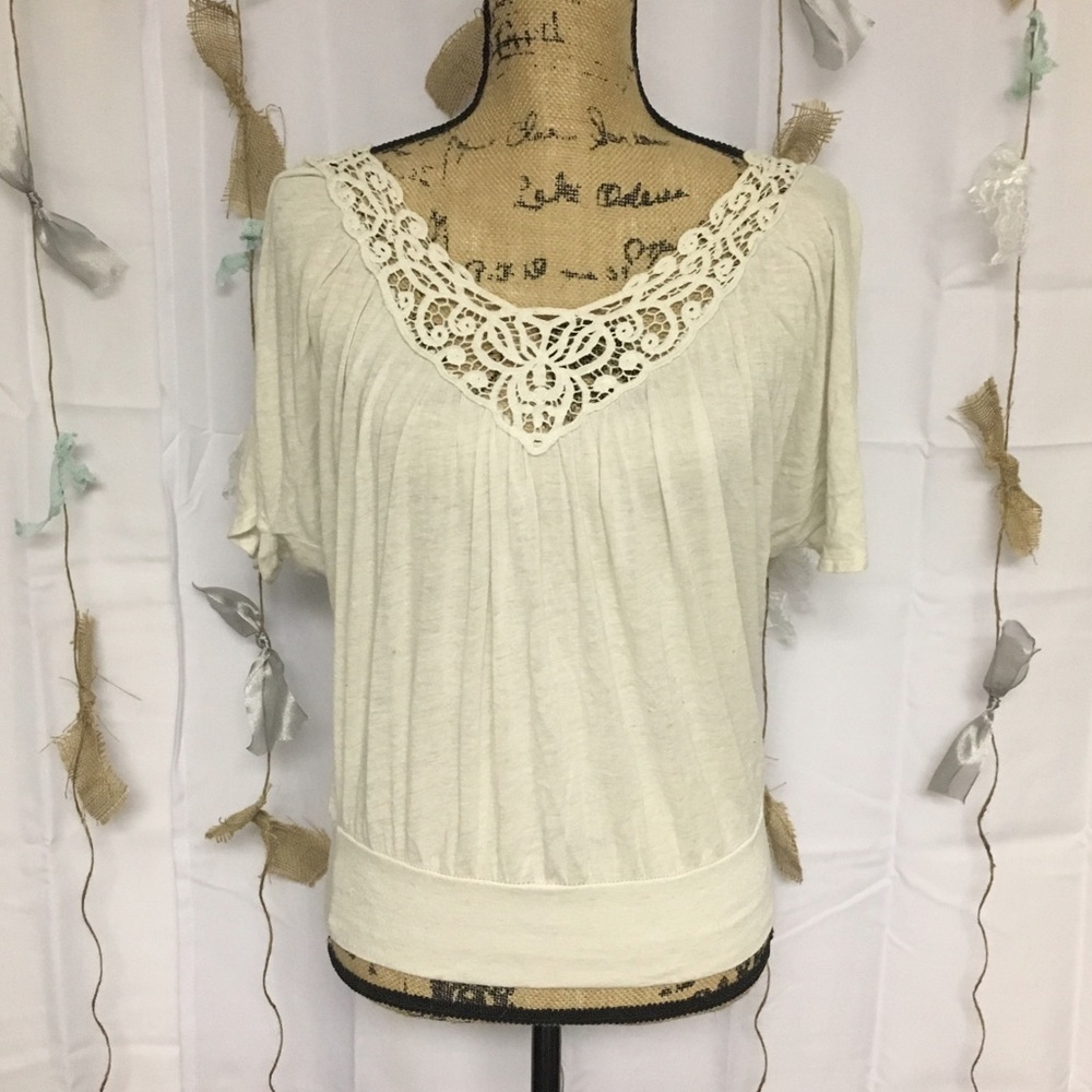 Cream top with crochet neckline!