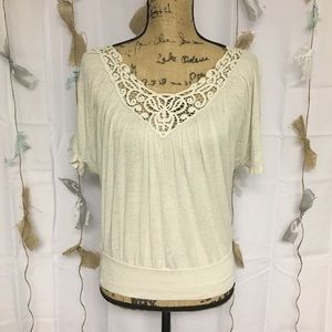 Cream top with crochet neckline!