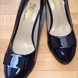 Size 7 ferragomo black patent leather heels